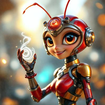 The primary subject of the image is a robotic character, possibly a cartoon or anime-style robot, with a red and yellow color scheme. The robot is holding a wand or a staff in its hand. The setting appears to be a futuristic or fantasy environment, with the robot standing in front of a cityscape. The visual style of the image is digital art or illustration, with a focus on the robot's design and the overall composition of the scene. The colors and mood of the image are v